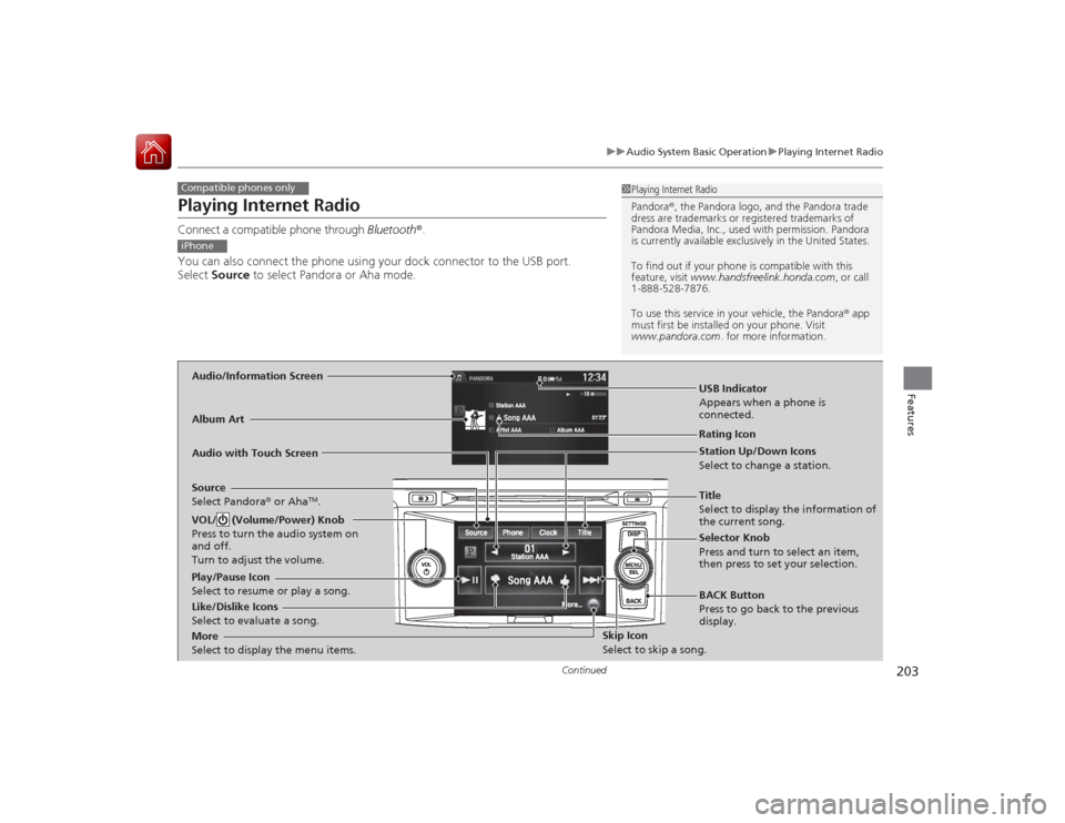 HONDA ACCORD COUPE 2015 9.G Owners Manual 203
uuAudio System Basic Operation uPlaying Internet Radio
Continued
Features
Playing Internet RadioConnect a compatible phone through Bluetooth®.
You can also connect the phone using your dock con HONDA ACCORD COUPE 2015 9.G Owners Manual 203
uuAudio System Basic Operation uPlaying Internet Radio
Continued
Features
Playing Internet RadioConnect a compatible phone through Bluetooth®.
You can also connect the phone using your dock con