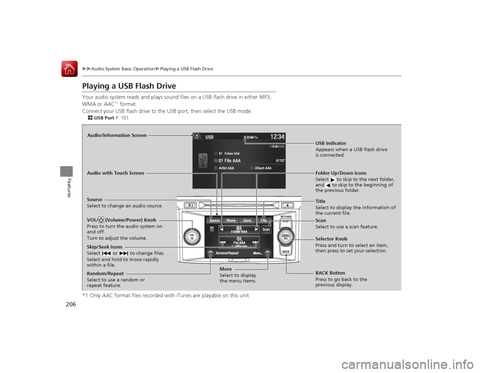 HONDA ACCORD COUPE 2015 9.G Owners Manual 206
uuAudio System Basic Operation uPlaying a USB Flash Drive
Features
Playing a USB Flash DriveYour audio system reads and plays s ound files on a USB flash drive in either MP3,
WMA or AAC
*1 format HONDA ACCORD COUPE 2015 9.G Owners Manual 206
uuAudio System Basic Operation uPlaying a USB Flash Drive
Features
Playing a USB Flash DriveYour audio system reads and plays s ound files on a USB flash drive in either MP3,
WMA or AAC
*1 format