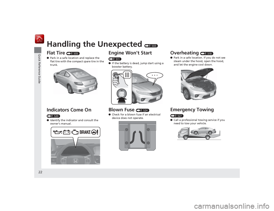 HONDA ACCORD COUPE 2015 9.G Owners Manual 22Quick Reference Guide
Handling the Unexpected
(P 503)
Flat Tire
(P 505)
● Park in a safe location and replace the
flat tire with the compact spare tire in the
trunk.
Indicators Come On (P 520) HONDA ACCORD COUPE 2015 9.G Owners Manual 22Quick Reference Guide
Handling the Unexpected
(P 503)
Flat Tire
(P 505)
● Park in a safe location and replace the
flat tire with the compact spare tire in the
trunk.
Indicators Come On (P 520)
