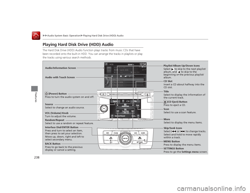 HONDA ACCORD COUPE 2015 9.G Owners Manual 238
uuAudio System Basic Operation uPlaying Hard Disk Drive (HDD) Audio
Features
Playing Hard Disk Drive (HDD) AudioThe Hard Disk Drive (HDD) Audio function plays tracks from music CDs that have 
been