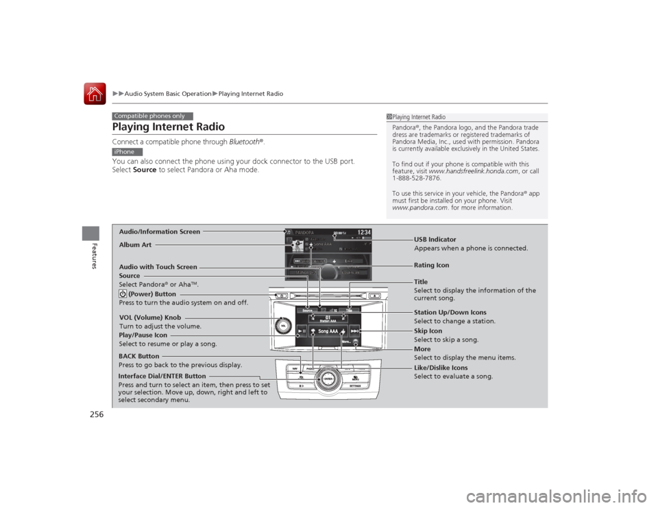 HONDA ACCORD COUPE 2015 9.G Owners Manual 256
uuAudio System Basic Operation uPlaying Internet Radio
Features
Playing Internet RadioConnect a compatible phone through Bluetooth®.
You can also connect the phone using your dock connector to t HONDA ACCORD COUPE 2015 9.G Owners Manual 256
uuAudio System Basic Operation uPlaying Internet Radio
Features
Playing Internet RadioConnect a compatible phone through Bluetooth®.
You can also connect the phone using your dock connector to t