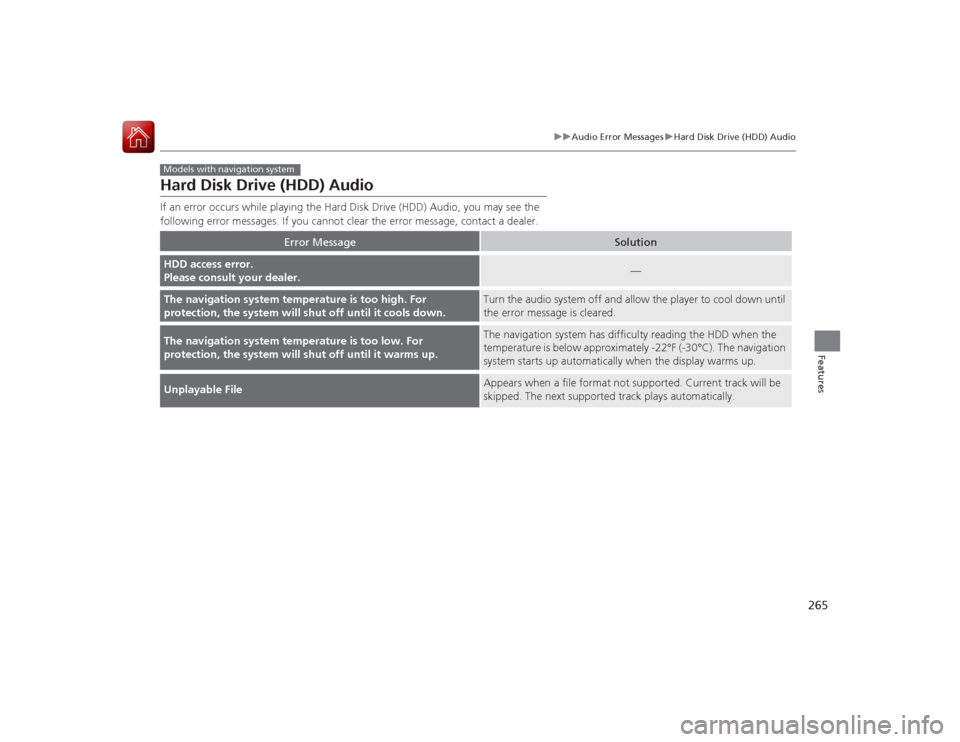 HONDA ACCORD COUPE 2015 9.G Owners Manual 265
uuAudio Error Messages uHard Disk Drive (HDD) Audio
Features
Hard Disk Drive (HDD) AudioIf an error occurs while playing the Hard Disk Drive (HDD) Audio, you may see the
following error messages. HONDA ACCORD COUPE 2015 9.G Owners Manual 265
uuAudio Error Messages uHard Disk Drive (HDD) Audio
Features
Hard Disk Drive (HDD) AudioIf an error occurs while playing the Hard Disk Drive (HDD) Audio, you may see the
following error messages.