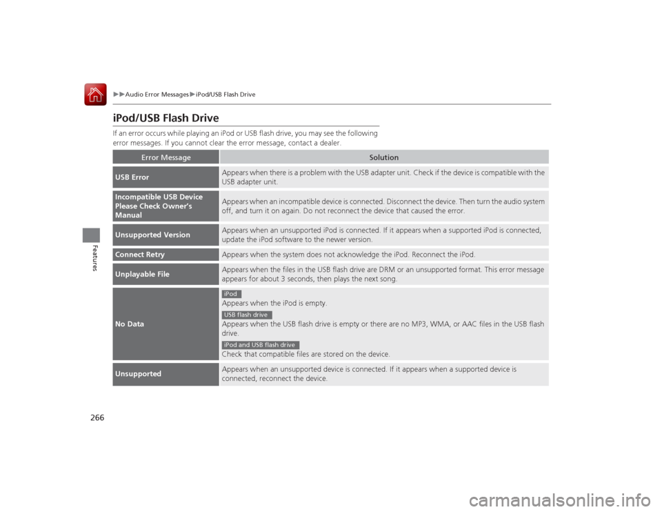 HONDA ACCORD COUPE 2015 9.G Owners Manual 266
uuAudio Error Messages uiPod/USB Flash Drive
Features
iPod/USB Flash DriveIf an error occurs while pl aying an iPod or USB flash drive, you may see the following
error messages. If you cannot cle HONDA ACCORD COUPE 2015 9.G Owners Manual 266
uuAudio Error Messages uiPod/USB Flash Drive
Features
iPod/USB Flash DriveIf an error occurs while pl aying an iPod or USB flash drive, you may see the following
error messages. If you cannot cle