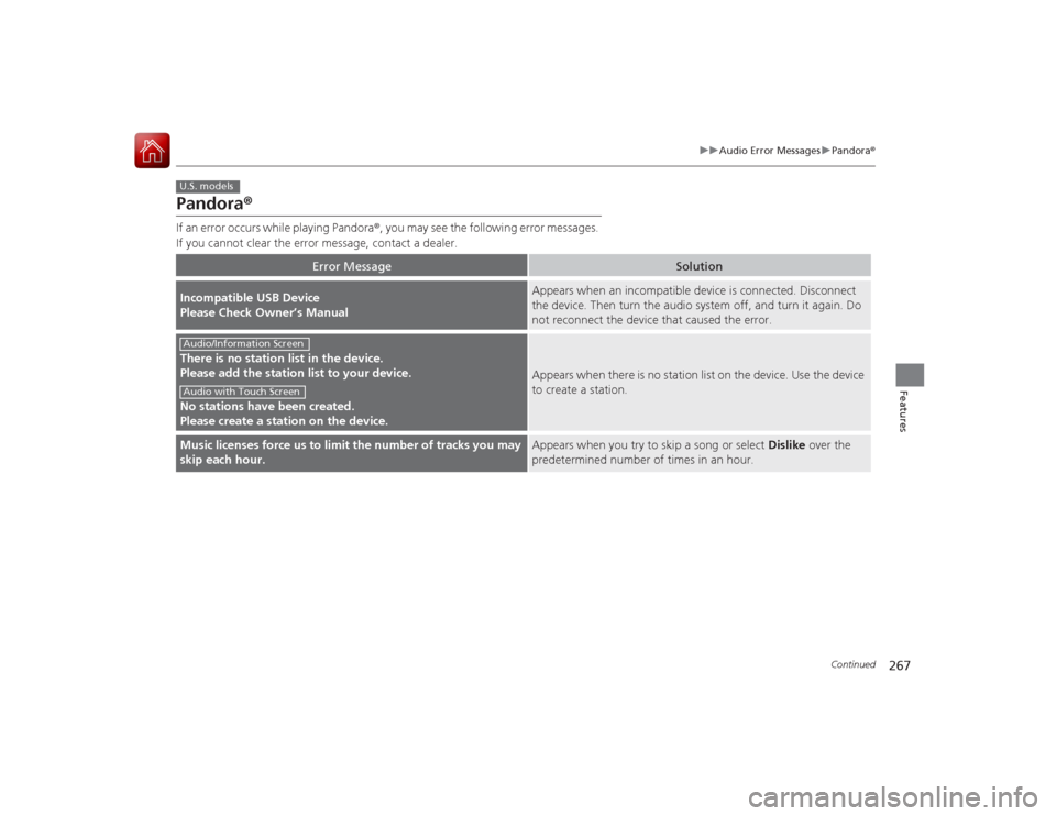 HONDA ACCORD COUPE 2015 9.G Owners Manual 267
uuAudio Error Messages uPandora ®
Continued
Features
Pandora ®If an error occurs while playing Pandora ®, you may see the following error messages.
If you cannot clear the error message, conta HONDA ACCORD COUPE 2015 9.G Owners Manual 267
uuAudio Error Messages uPandora ®
Continued
Features
Pandora ®If an error occurs while playing Pandora ®, you may see the following error messages.
If you cannot clear the error message, conta