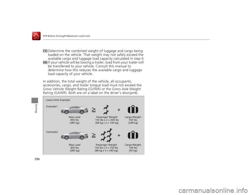 HONDA ACCORD COUPE 2015 9.G Owners Manual 396
uuBefore Driving uMaximum Load Limit
Driving
(5) Determine the combined weight of luggage and cargo being 
loaded on the vehicle. That weight may not safely exceed the 
available cargo and luggage