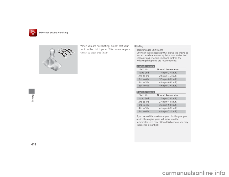 HONDA ACCORD COUPE 2015 9.G Owners Manual uuWhen Driving uShifting
418Driving
When you are not shifting , do not rest your 
foot on the clutch pedal. This can cause your 
clutch to wear out faster. 
1 Shifting
Recommended Shift Points
Driving