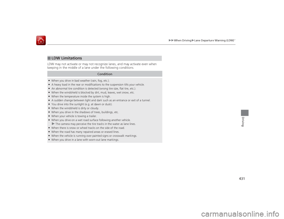 HONDA ACCORD COUPE 2015 9.G Service Manual 431
uuWhen Driving uLane Departure Warning (LDW)
*
Driving
LDW may not activate or may not rec ognize lanes, and may activate even when 
keeping in the middle of a lane under the following conditions.