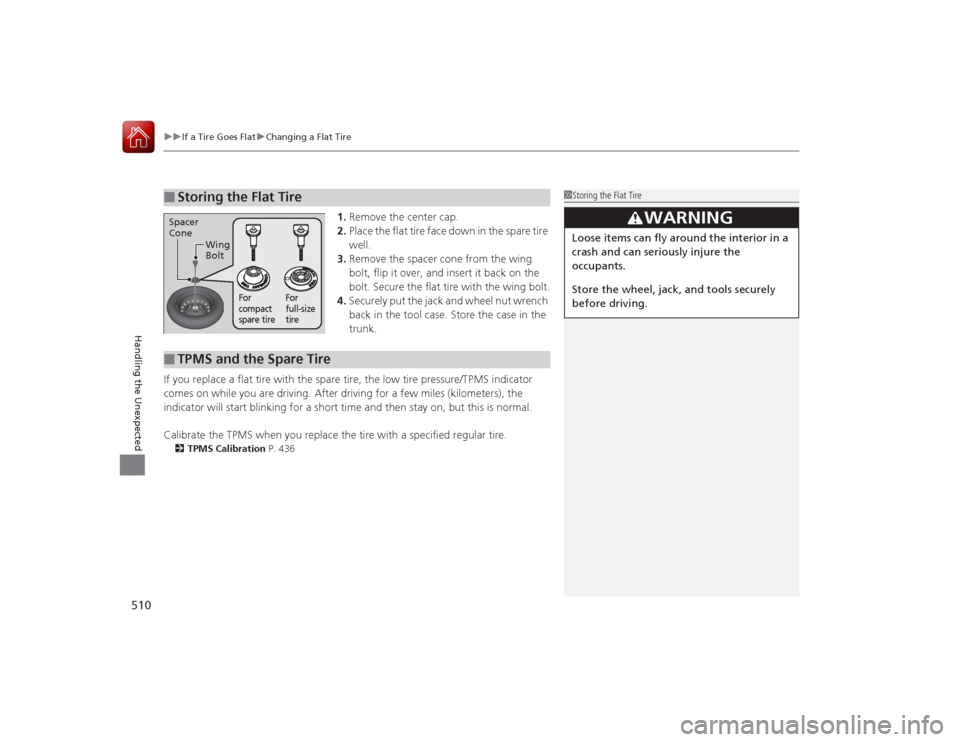 HONDA ACCORD COUPE 2015 9.G Owners Manual uuIf a Tire Goes Flat uChanging a Flat Tire
510Handling the Unexpected
1. Remove the center cap.
2. Place the flat tire face down in the spare tire
well.
3. Remove the spacer cone from the wing
bolt HONDA ACCORD COUPE 2015 9.G Owners Manual uuIf a Tire Goes Flat uChanging a Flat Tire
510Handling the Unexpected
1. Remove the center cap.
2. Place the flat tire face down in the spare tire
well.
3. Remove the spacer cone from the wing
bolt