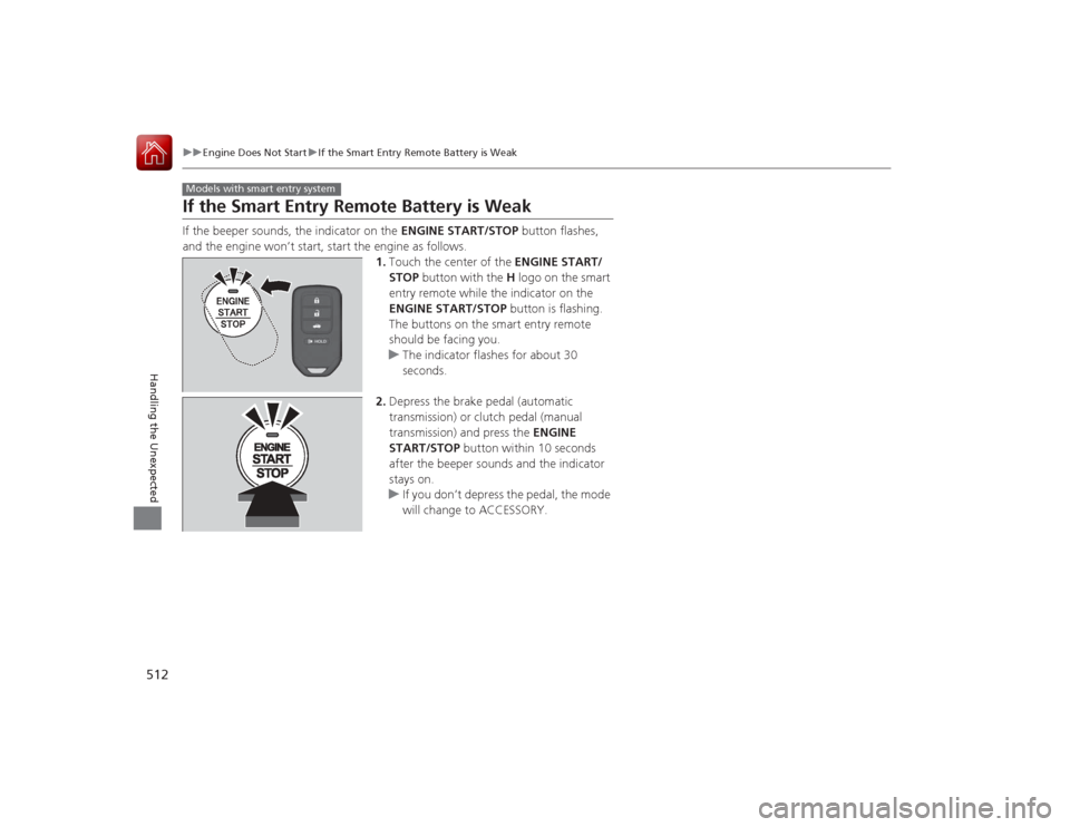HONDA ACCORD COUPE 2015 9.G Owners Manual 512
uuEngine Does Not Start uIf the Smart Entry Remote Battery is Weak
Handling the Unexpected
If the Smart Entry Remote Battery is WeakIf the beeper sounds, the indicator on the ENGINE START/STOP b HONDA ACCORD COUPE 2015 9.G Owners Manual 512
uuEngine Does Not Start uIf the Smart Entry Remote Battery is Weak
Handling the Unexpected
If the Smart Entry Remote Battery is WeakIf the beeper sounds, the indicator on the ENGINE START/STOP b