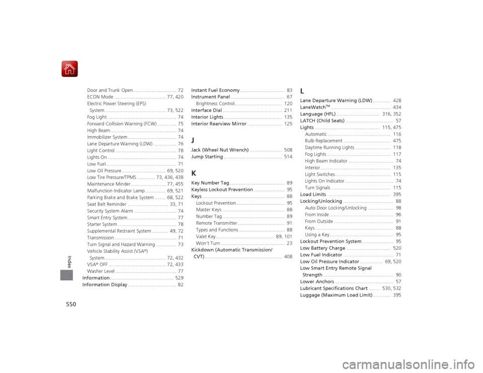 HONDA ACCORD COUPE 2015 9.G Owners Manual 550Index
Door and Trunk Open ................................  72
ECON Mode ......................................  77, 420
Electric Power Steering (EPS) System .......................................
