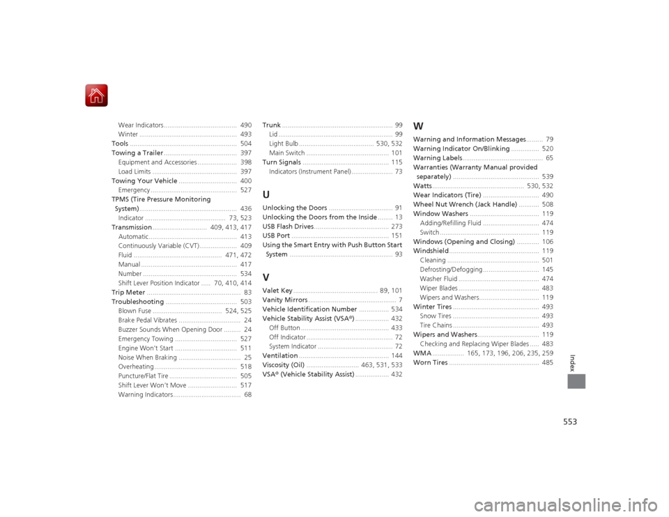 HONDA ACCORD COUPE 2015 9.G Owners Manual 553Index
Wear Indicators.......................................  490
Winter ....................................................  493
Tools .........................................................  5