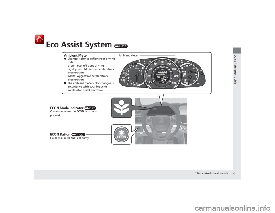 HONDA ACCORD COUPE 2015 9.G Owners Manual 9Quick Reference Guide
Eco Assist System
(P 420)
Ambient Meter●Changes color to reflect your driving
style.
Green: Fuel efficient driving
Light green: Moderate acceleration/
deceleration
White: Ag HONDA ACCORD COUPE 2015 9.G Owners Manual 9Quick Reference Guide
Eco Assist System
(P 420)
Ambient Meter●Changes color to reflect your driving
style.
Green: Fuel efficient driving
Light green: Moderate acceleration/
deceleration
White: Ag