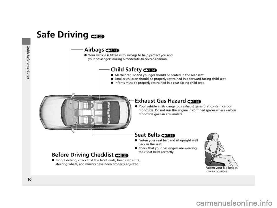 HONDA ACCORD COUPE 2016 9.G Owners Manual 10
Quick Reference Guide
Safe Driving (P 29)
Airbags (P 41)
● Your vehicle is fitted with ai rbags to help protect you and 
your passengers during a moderate-to-severe collision.
Child Safety (P 54)