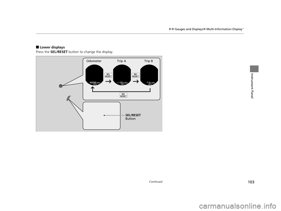 HONDA ACCORD COUPE 2016 9.G Owners Manual 103
uuGauges and Displays uMulti-Information Display*
Continued
Instrument Panel
■Lower displays
Press the  SEL/RESET  button to change the display.
Odometer Trip A Trip B
SEL/RESET 
Button
16 US AC