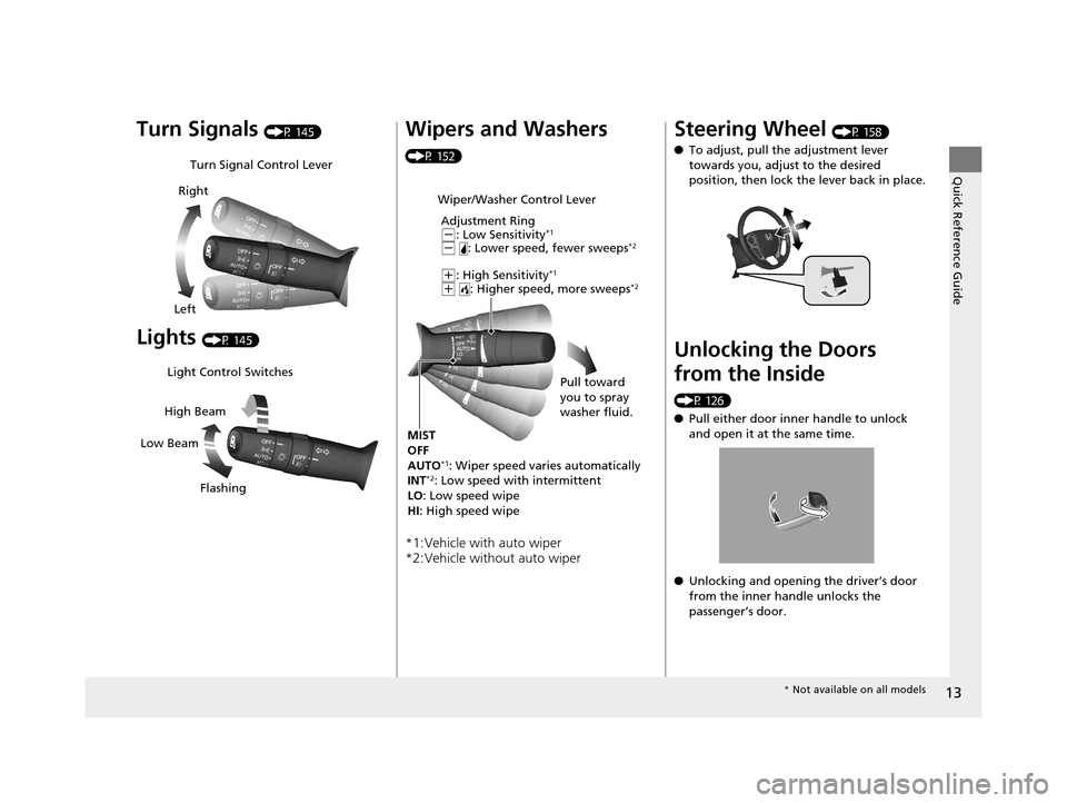 HONDA ACCORD COUPE 2016 9.G Owners Manual 13
Quick Reference Guide
Turn Signals (P 145)
Lights (P 145)
Turn Signal Control Lever
Right
Left
Light Control Switches
Low Beam High Beam
Flashing
Wipers and Washers 
(P 152)
*1:Vehicle with auto wi