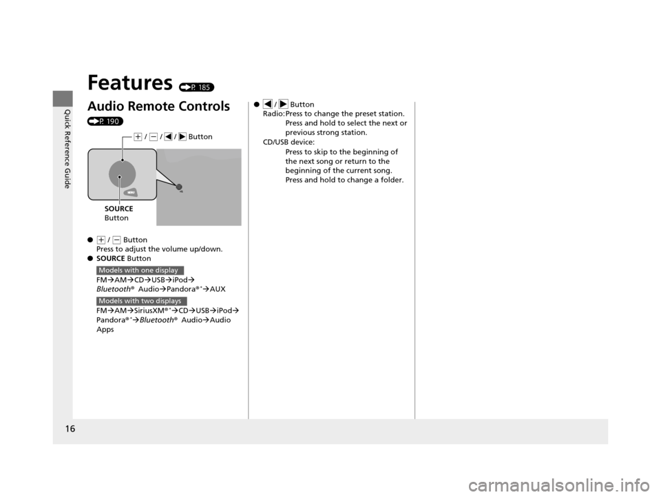 HONDA ACCORD COUPE 2016 9.G Owners Manual 16
Quick Reference Guide
Features (P 185)
Audio Remote Controls 
(P 190)
●
(+ / ( - Button
Press to adjust the volume up/down.
● SOURCE  Button
FM AM CD USB iPod 
Bluetooth ®Audio 