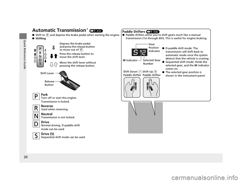 HONDA ACCORD COUPE 2016 9.G Owners Manual 20
Quick Reference Guide
Automatic Transmission* (P 434)
● Shift to 
(P and depress the brake pedal when starting the engine.
● Shifting
ParkTurn off or start the engine.
Transmission is locked.
N