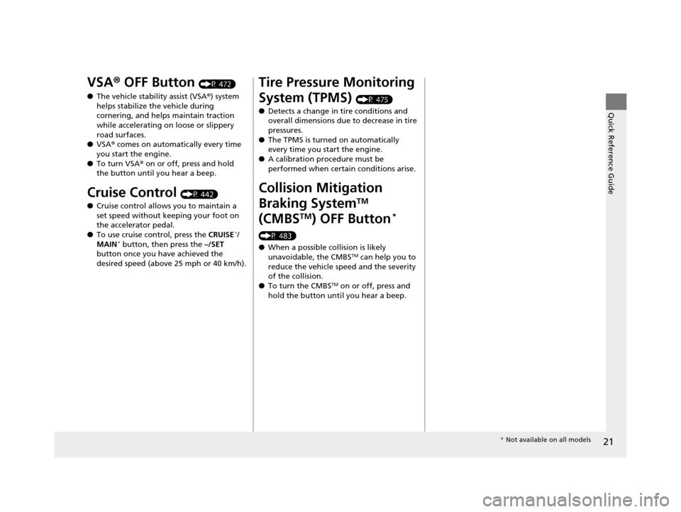 HONDA ACCORD COUPE 2016 9.G Owners Manual 21
Quick Reference Guide
VSA® OFF Button (P 472)
● The vehicle stability assist (VSA ®) system 
helps stabilize the vehicle during 
cornering, and helps maintain traction 
while accelerating on lo