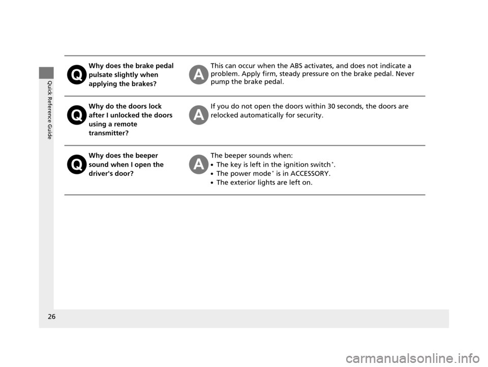 HONDA ACCORD COUPE 2016 9.G Owners Manual 26
Quick Reference Guide
Why does the brake pedal
pulsate slightly when
applying the brakes?This can occur when the ABS activates, and does not indicate a
problem. Apply firm, steady pressure on th HONDA ACCORD COUPE 2016 9.G Owners Manual 26
Quick Reference Guide
Why does the brake pedal
pulsate slightly when
applying the brakes?This can occur when the ABS activates, and does not indicate a
problem. Apply firm, steady pressure on th