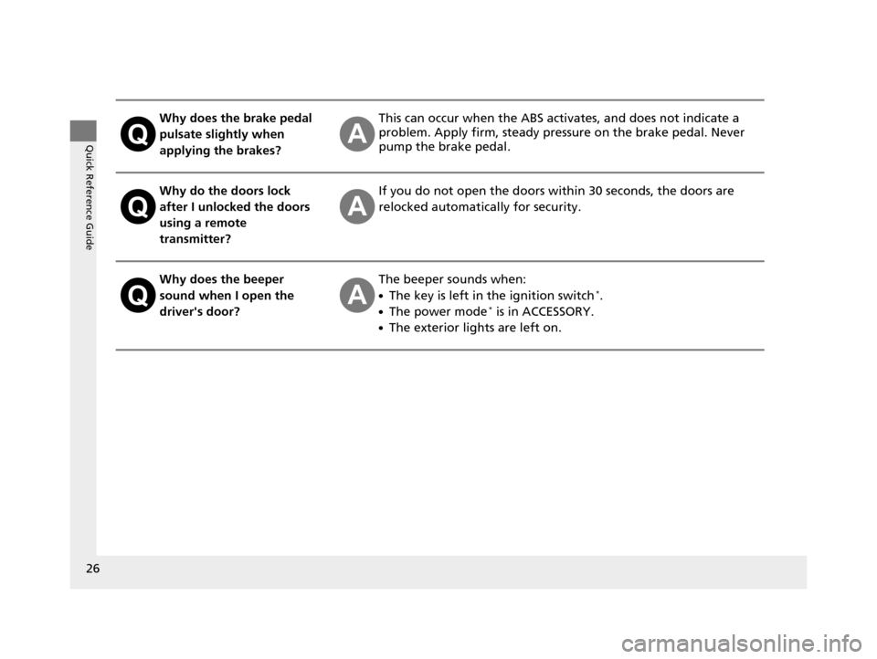 HONDA ACCORD COUPE 2016 9.G Owners Manual 26
Quick Reference Guide
Why does the brake pedal 
pulsate slightly when 
applying the brakes?This can occur when the ABS activates, and does not indicate a 
problem. Apply firm, steady pressure on th