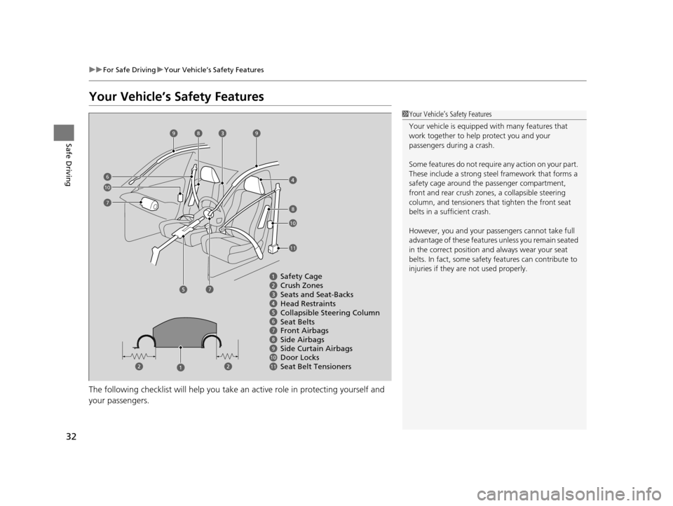 HONDA ACCORD COUPE 2016 9.G Owners Manual 32
uuFor Safe Driving uYour Vehicle’s Safety Features
Safe Driving
Your Vehicle’s Safety Features
The following checklist will help you take an active role  in protecting yourself and 
your passen
