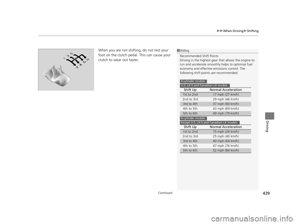 HONDA ACCORD COUPE 2016 9.G Owners Manual Continued439
uuWhen Driving uShifting
Driving
When you are not shifting, do not rest your
foot on the clutch pedal. This can cause your
clutch to wear out faster.1Shifting
Recommended Shift Points
D HONDA ACCORD COUPE 2016 9.G Owners Manual Continued439
uuWhen Driving uShifting
Driving
When you are not shifting, do not rest your
foot on the clutch pedal. This can cause your
clutch to wear out faster.1Shifting
Recommended Shift Points
D