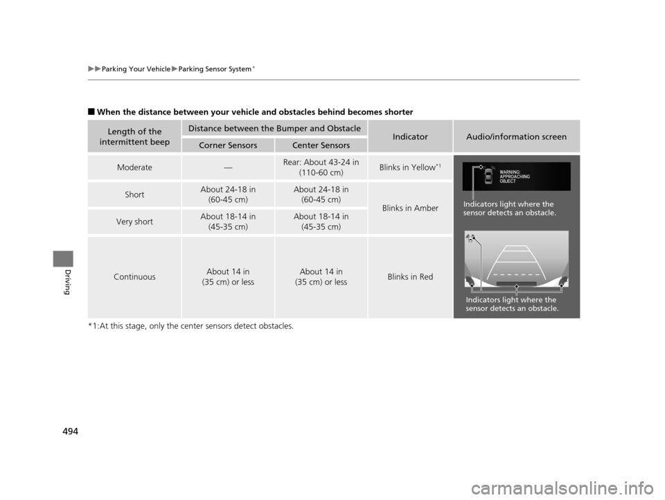 HONDA ACCORD COUPE 2016 9.G Owners Manual 494
uuParking Your Vehicle uParking Sensor System*
Driving
■When the distance between  your vehicle and obstacles behind becomes shorter
*1:At this stage, only the center sensors detect obstacles.
L