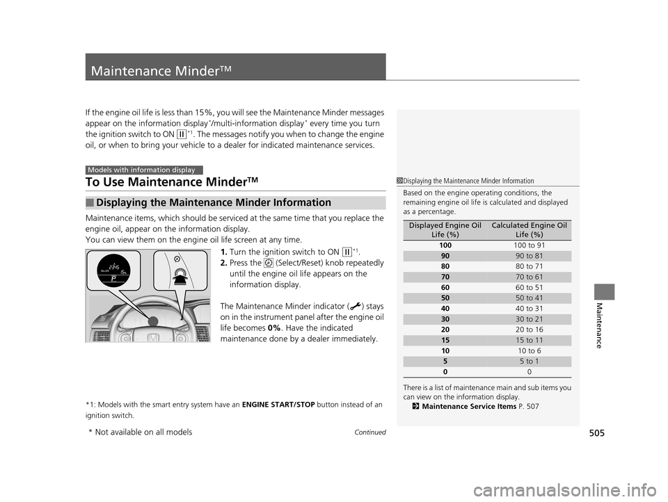 HONDA ACCORD COUPE 2016 9.G Owners Manual 505Continued
Maintenance
Maintenance MinderTM
If the engine oil life is less than 15%, you will see the Maintenance Minder messages
appear on the information display*/multi-information display* every HONDA ACCORD COUPE 2016 9.G Owners Manual 505Continued
Maintenance
Maintenance MinderTM
If the engine oil life is less than 15%, you will see the Maintenance Minder messages
appear on the information display*/multi-information display* every
