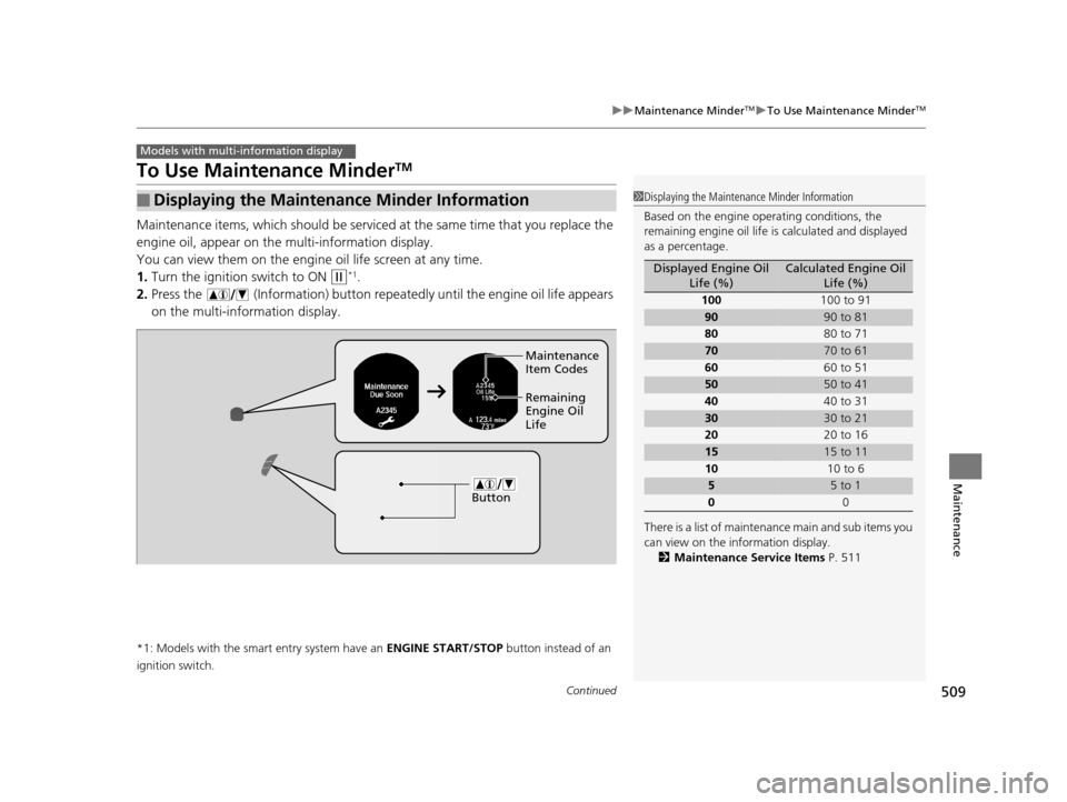 HONDA ACCORD COUPE 2016 9.G Owners Manual 509
uuMaintenance MinderTMuTo Use Maintenance MinderTM
Continued
Maintenance
To Use Maintenance MinderTM
Maintenance items, which should be serviced at the same time that you replace the
engine oil, HONDA ACCORD COUPE 2016 9.G Owners Manual 509
uuMaintenance MinderTMuTo Use Maintenance MinderTM
Continued
Maintenance
To Use Maintenance MinderTM
Maintenance items, which should be serviced at the same time that you replace the
engine oil,