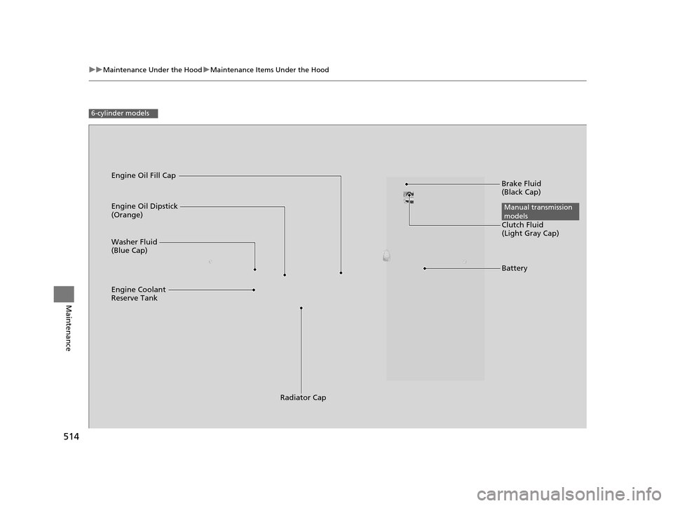 HONDA ACCORD COUPE 2016 9.G Owners Manual 514
uuMaintenance Under the Hood uMaintenance Items Under the Hood
Maintenance
6-cylinder models
Engine Oil Dipstick 
(Orange)
Washer Fluid 
(Blue Cap)
Engine Coolant 
Reserve Tank
Radiator Cap Brake 
