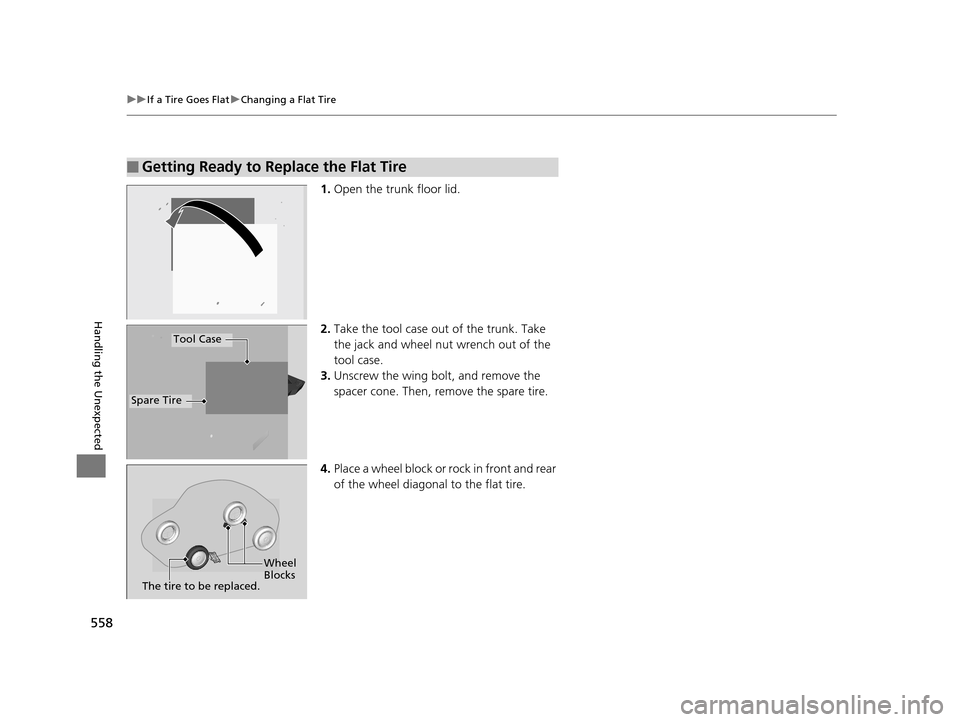HONDA ACCORD COUPE 2016 9.G Owners Manual 558
uuIf a Tire Goes Flat uChanging a Flat Tire
Handling the Unexpected
1. Open the trunk floor lid.
2. Take the tool case out of the trunk. Take 
the jack and wheel nut wrench out of the 
tool case.
