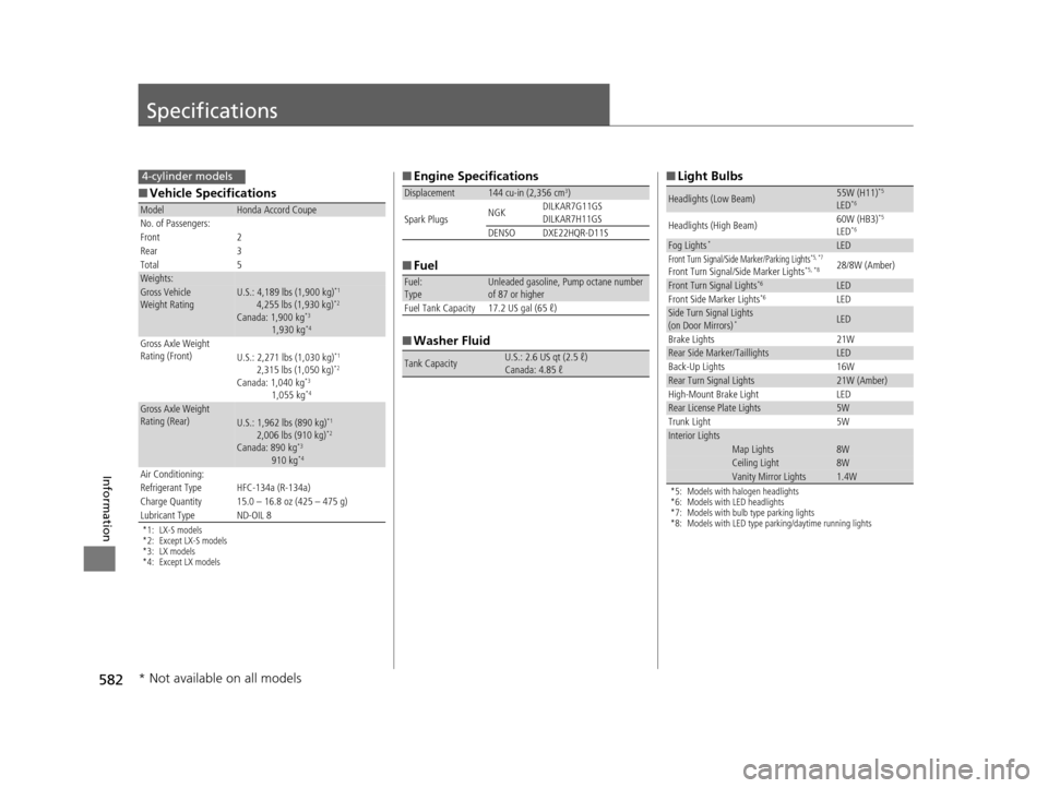 HONDA ACCORD COUPE 2016 9.G Owners Manual 582
Information
Specifications
■Vehicle Specifications
*1: LX-S models
*2: Except LX-S models
*3: LX models
*4: Except LX models
ModelHonda Accord Coupe
No. of Passengers:
Front 2
Rear 3
Total 5
Wei