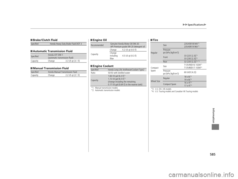 HONDA ACCORD COUPE 2016 9.G Owners Manual 585
uuSpecifications u
Information
■Brake/Clutch Fluid
■ Automatic Transmission Fluid
■ Manual Transmission Fluid
SpecifiedHonda Heavy Duty Brake Fluid DOT 3
SpecifiedHonda ATF DW-1
(automatic t