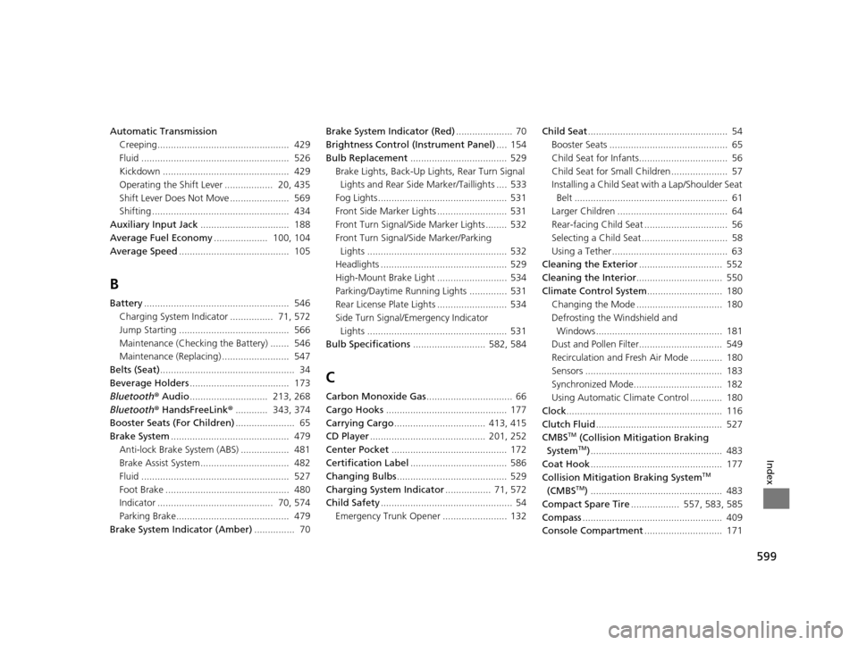 HONDA ACCORD COUPE 2016 9.G User Guide 599
Index
Automatic TransmissionCreeping.................................................  429
Fluid .......................................................  526
Kickdown .............................