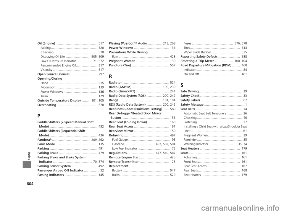 HONDA ACCORD COUPE 2016 9.G User Guide 604
Index
Oil (Engine)...............................................  517
Adding .................................................... 520
Checking ................................................. 51