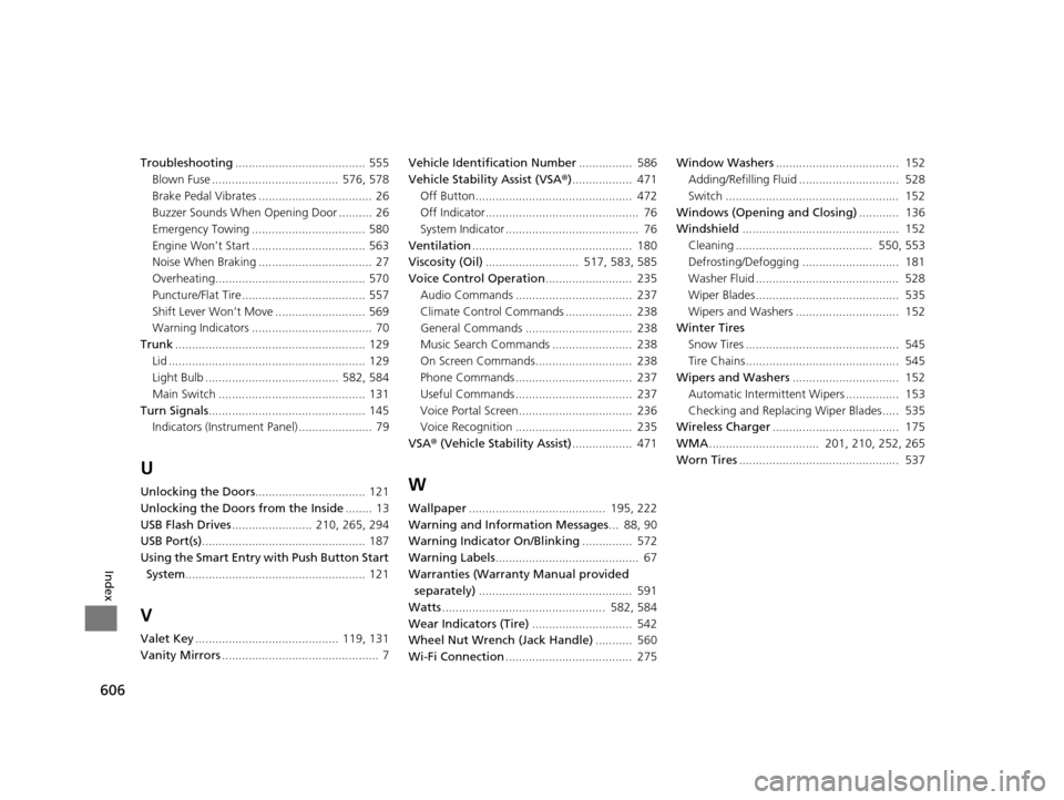 HONDA ACCORD COUPE 2016 9.G Owners Manual 606
Index
Troubleshooting....................................... 555
Blown Fuse ......................................  576, 578
Brake Pedal Vibrates ..................................  26
Buzzer Soun