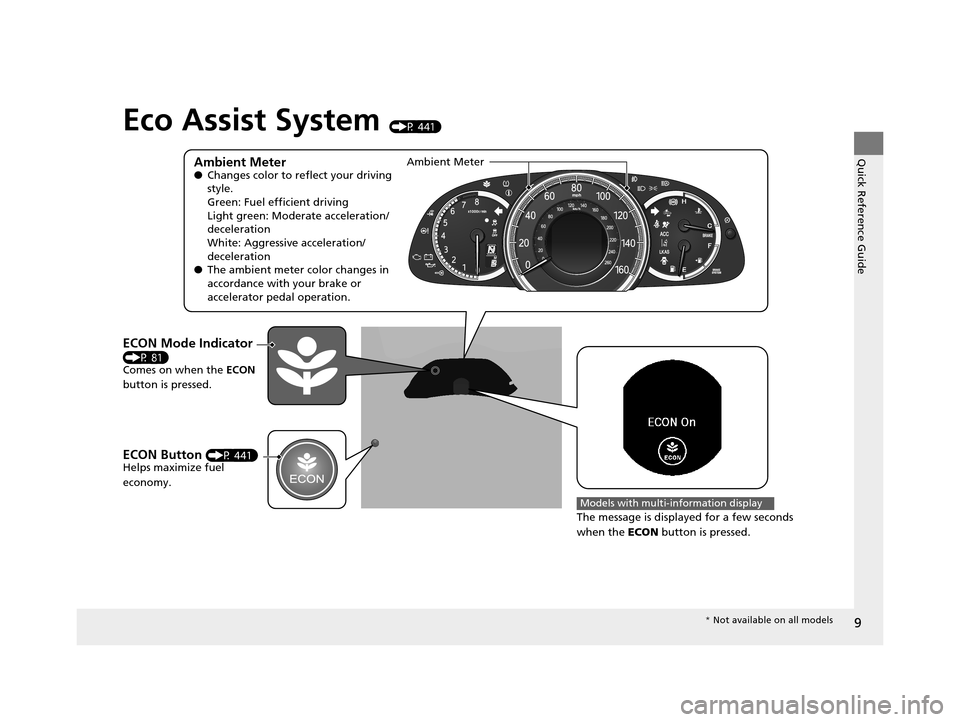 HONDA ACCORD COUPE 2016 9.G Owners Manual 9
Quick Reference Guide
Eco Assist System (P 441)
Ambient Meter●Changes color to reflect your driving 
style.
Green: Fuel efficient driving
Light green: Moderate acceleration/
deceleration
White: Ag