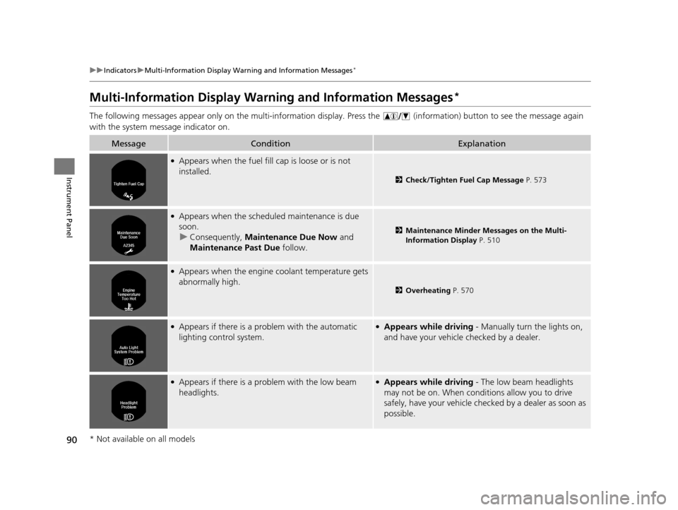 HONDA ACCORD COUPE 2016 9.G Owners Manual 90
uuIndicators uMulti-Information Display Warn ing and Information Messages*
Instrument Panel
Multi-Information Display Warn ing and Information Messages*
The following messages appear only on the mu