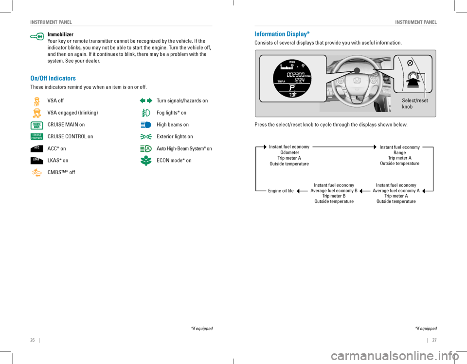 HONDA ACCORD COUPE 2016 9.G Quick Guide 26    ||    27
       INSTRUMENT PANELINSTRUMENT PANEL
Immobilizer
Your key or remote transmitter cannot be recognized by the vehicle. If the 
indicator blinks, you may