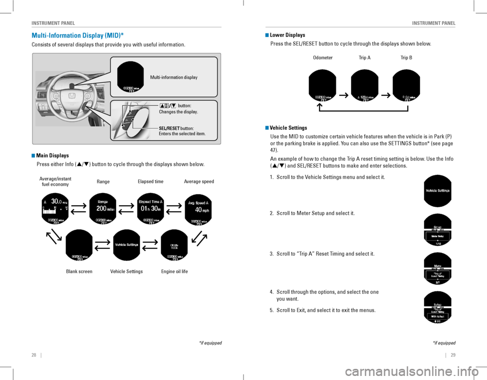 HONDA ACCORD COUPE 2016 9.G Quick Guide 28    ||    29
       INSTRUMENT PANELINSTRUMENT PANEL
Multi-Information Display (MID)*
Consists of several displays that provide you with useful information.
*if equipped
Blank screen
rangeAverage/
