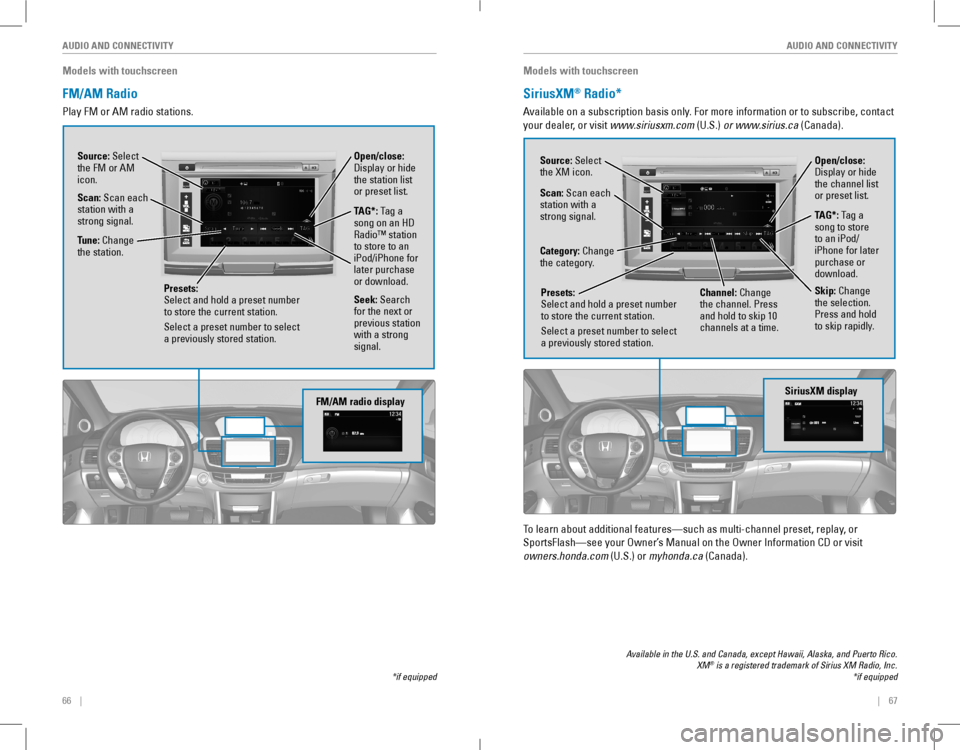 HONDA ACCORD COUPE 2016 9.G Quick Guide 66    ||    67
       AUDIO AND CONNECTIVITYAUDIO AND CONNECTIVITY
Models with touchscreen
FM/AM Radio 
Play FM or AM radio stations.
*if equipped
FM/AM radio display
Source: Select the FM or AM ico