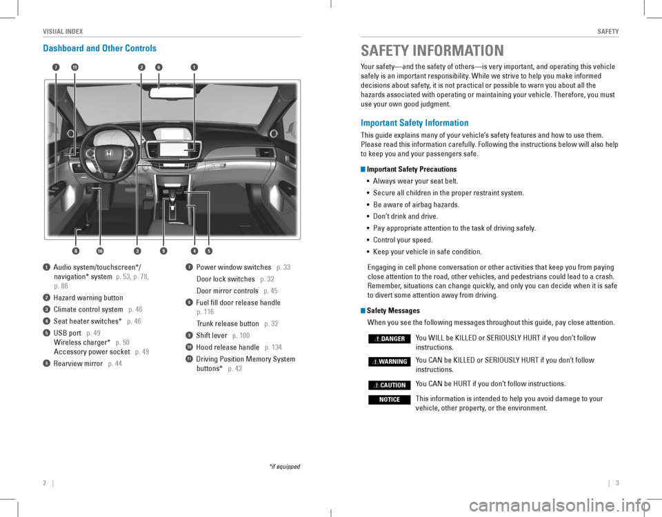 HONDA ACCORD COUPE 2016 9.G Quick Guide 2 || 3
SAFETYVISUAL INDEX
Dashboard and Other Controls
1 Audio system/touchscreen*/
navigation* system p. 53, p. 78,
p. 86
2 Hazard warning button
3 Cl HONDA ACCORD COUPE 2016 9.G Quick Guide 2 || 3
SAFETYVISUAL INDEX
Dashboard and Other Controls
1 Audio system/touchscreen*/
navigation* system p. 53, p. 78,
p. 86
2 Hazard warning button
3 Cl