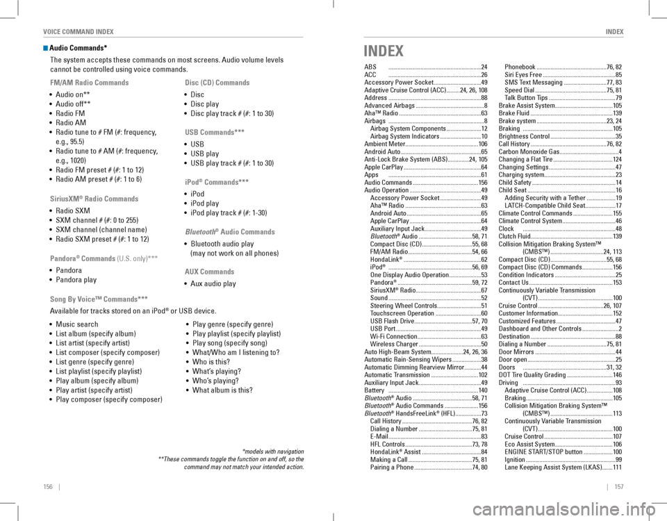 HONDA ACCORD COUPE 2016 9.G Quick Guide 156    ||    157
       INDEXVOICE COMMAND INDEX
 Audio Commands*
The system accepts these commands on most screens. Audio volume levels 
cannot be controlled using voice commands. 
FM/AM 