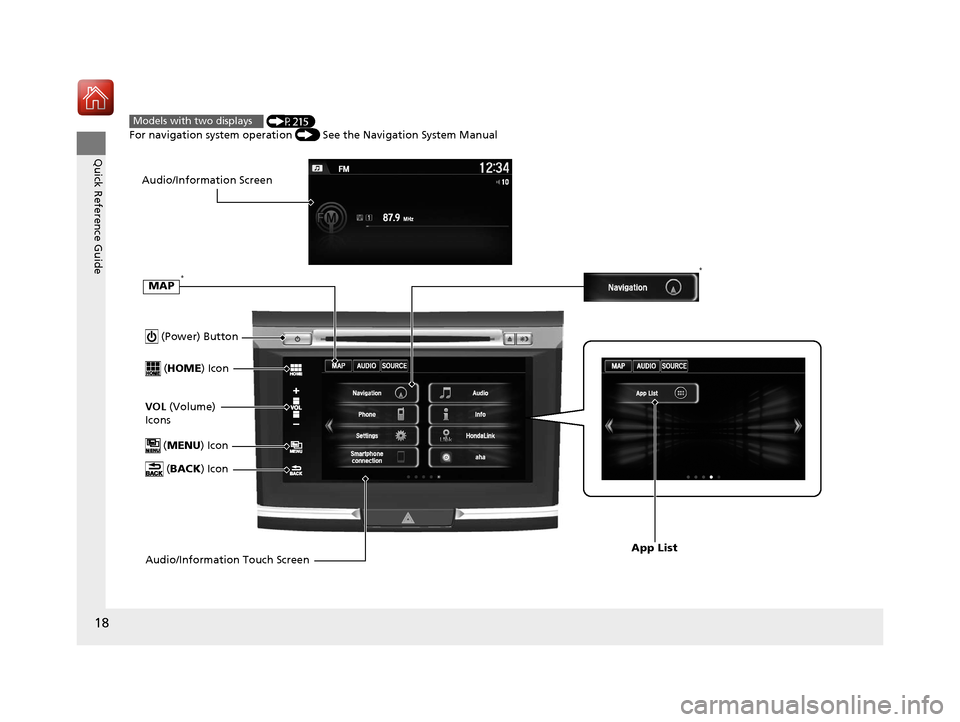 HONDA ACCORD COUPE 2017 9.G User Guide 18
Quick Reference Guide
 (Power) Button
 (HOME ) Icon
VOL (Volume) 
Icons
 (MENU ) Icon
 (BACK ) Icon
Audio/Information Touch Screen
Audio/Information Screen
App List
 (P215)
For navigation system op