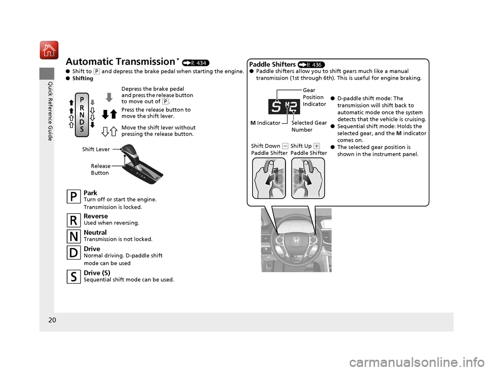 HONDA ACCORD COUPE 2017 9.G Owners Manual 20
Quick Reference Guide
Automatic Transmission* (P 434)
● Shift to 
(P and depress the brake pedal when starting the engine.
● Shifting
ParkTurn off or start the engine.
Transmission is locked.
N