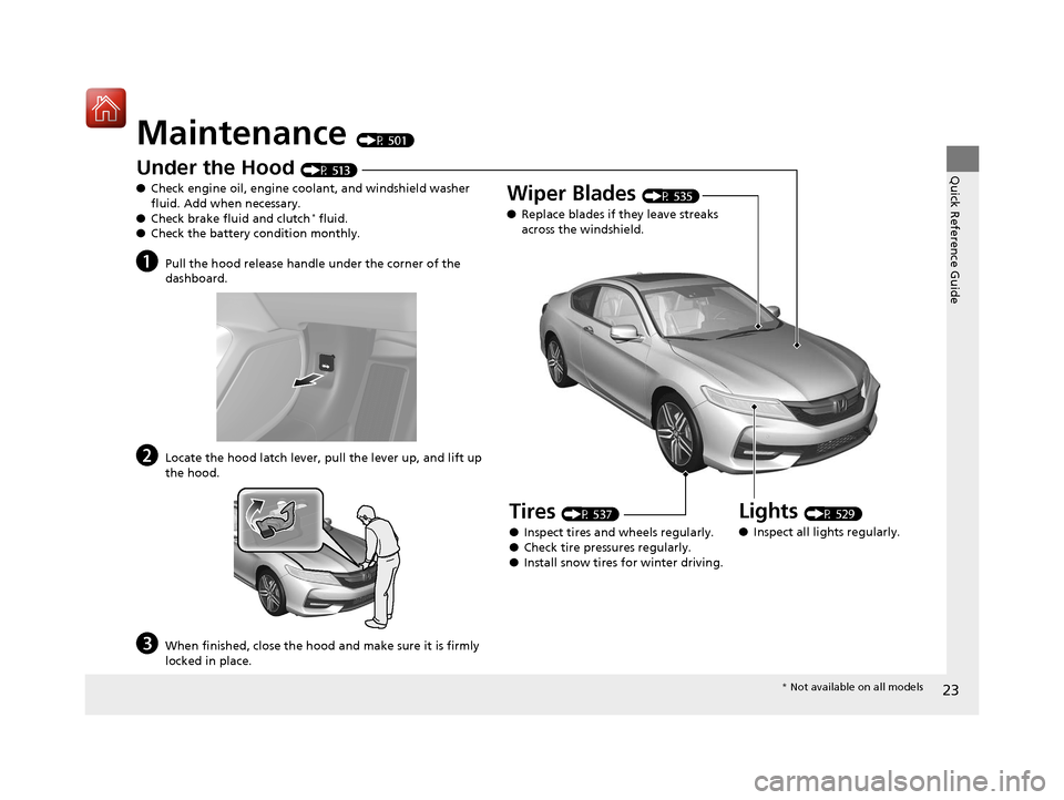 HONDA ACCORD COUPE 2017 9.G Owners Manual 23
Quick Reference Guide
Maintenance (P 501)
Under the Hood (P 513)
● Check engine oil, engine coolant, and windshield washer
fluid. Add when necessary.
● Check brake fluid and clutch
* fluid.
HONDA ACCORD COUPE 2017 9.G Owners Manual 23
Quick Reference Guide
Maintenance (P 501)
Under the Hood (P 513)
● Check engine oil, engine coolant, and windshield washer
fluid. Add when necessary.
● Check brake fluid and clutch
* fluid.