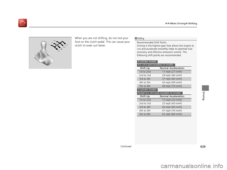 HONDA ACCORD COUPE 2017 9.G Owners Manual Continued439
uuWhen Driving uShifting
Driving
When you are not shifting, do not rest your
foot on the clutch pedal. This can cause your
clutch to wear out faster.1Shifting
Recommended Shift Points
D HONDA ACCORD COUPE 2017 9.G Owners Manual Continued439
uuWhen Driving uShifting
Driving
When you are not shifting, do not rest your
foot on the clutch pedal. This can cause your
clutch to wear out faster.1Shifting
Recommended Shift Points
D
