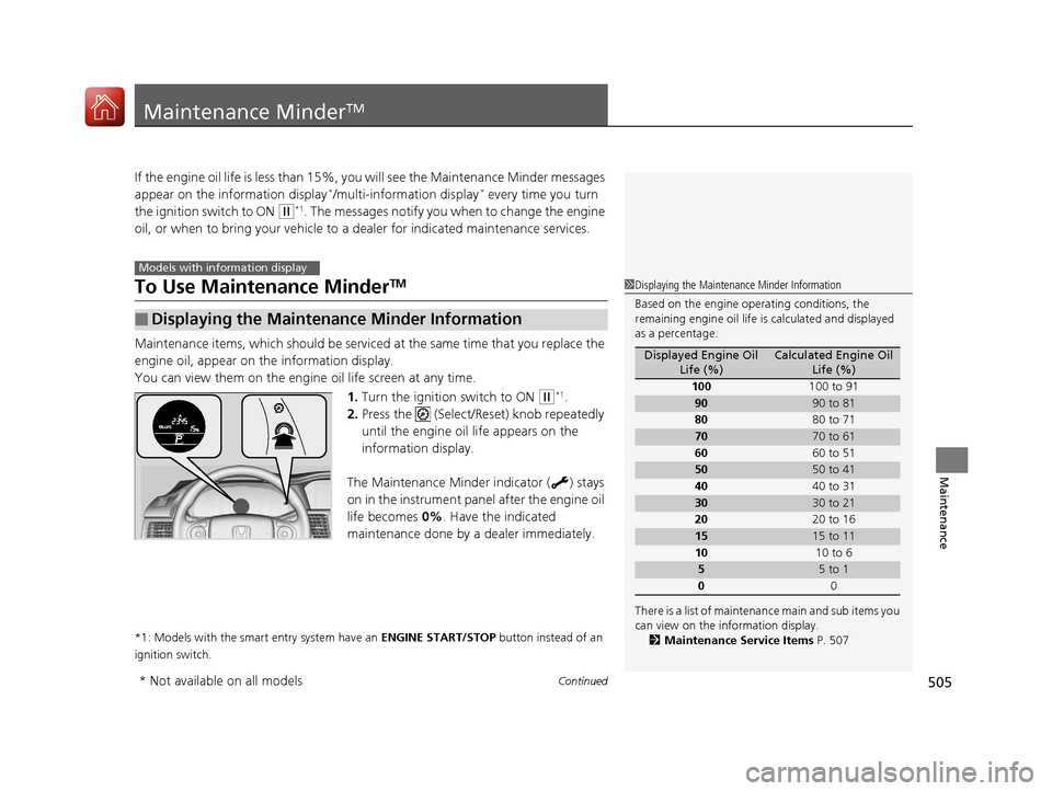HONDA ACCORD COUPE 2017 9.G Owners Manual 505Continued
Maintenance
Maintenance MinderTM
If the engine oil life is less than 15%, you will see the Maintenance Minder messages
appear on the information display*/multi-information display* every HONDA ACCORD COUPE 2017 9.G Owners Manual 505Continued
Maintenance
Maintenance MinderTM
If the engine oil life is less than 15%, you will see the Maintenance Minder messages
appear on the information display*/multi-information display* every