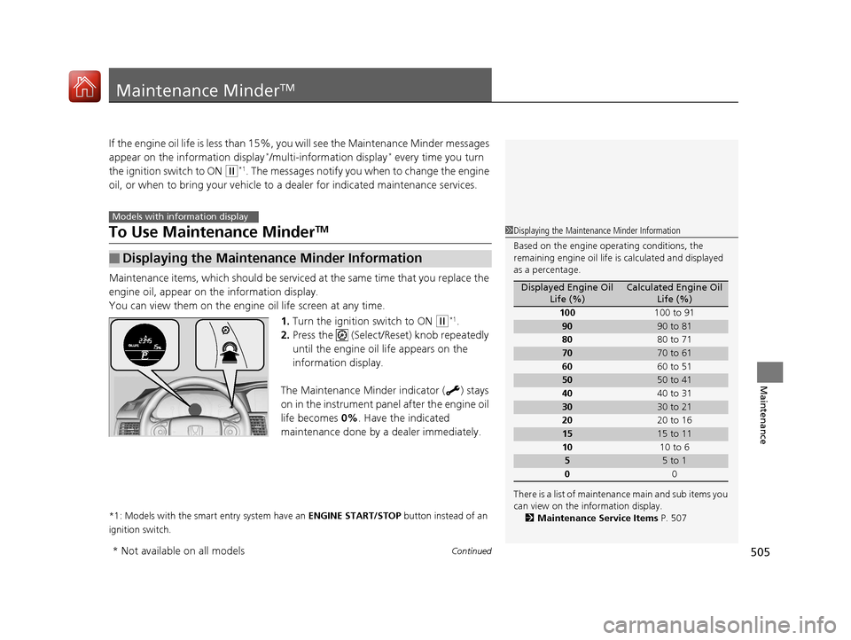 HONDA ACCORD COUPE 2017 9.G Owners Manual 505Continued
Maintenance
Maintenance MinderTM
If the engine oil life is less than 15%, you will see the Maintenance Minder messages 
appear on the information display*/multi-information display* every