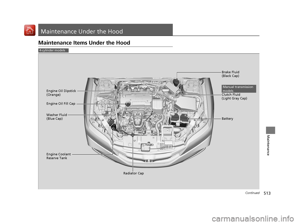 HONDA ACCORD COUPE 2017 9.G Owners Manual 513Continued
Maintenance
Maintenance Under the Hood
Maintenance Items Under the Hood
4-cylinder models
Brake Fluid 
(Black Cap)
Engine Coolant 
Reserve Tank Radiator Cap
Washer Fluid 
(Blue Cap) Engin